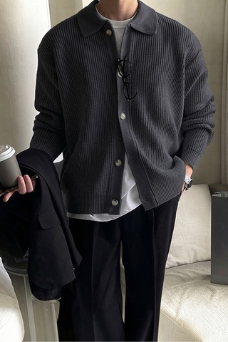 Serablanka Erkek Polo Yaka Oversize Triko Hırka Füme