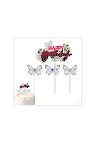 Kelebekli Happy Birthday Pasta Süsü 4 Lü Set - Mor