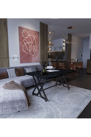 Makbulce Reyyan Orta Sehpa Siyah Metal Ayak Tekerlekli Siyah Mermer