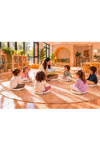 Kreş Anaokulu Yuvarlak Oyun Minderi Aktivite Minderi 40x40x5 Cm - Sandalye Minderi - Bahçe Dekor Minderi Yuvarlak Minder Krem