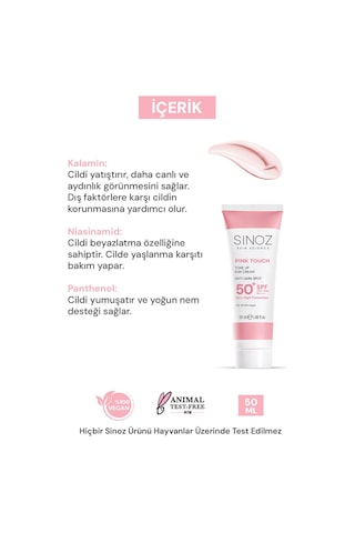 Sinoz Pink Touch Aydınlatıcı ve Ton Eşitleyici Pembe Yüz Güneş Kremi SPF50 50 ML