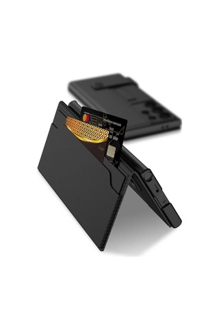 Galaxy S24 Ultra Zore Kıpta Standlı Kartlıklı Karbon Kapak Siyah