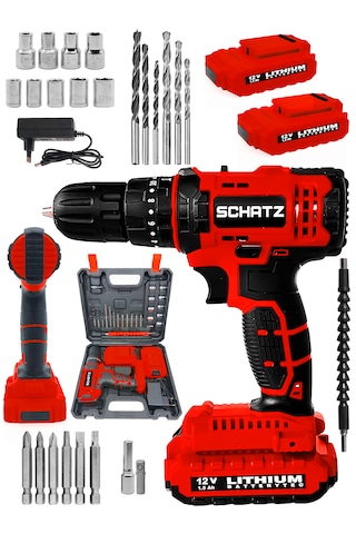 Schatz 12v 1.5 Ah Darbeli Lithium Çift Akülü Bakır Sargılı Şarjlı Vidalama Matkap 24 Parça Setli Kırmızı