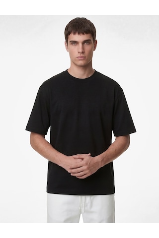 Koton Kısa Kollu Pamuklu Tok Kumaş Bisiklet Yaka Oversize Basic Tişört Siyah 6sam10385mk
