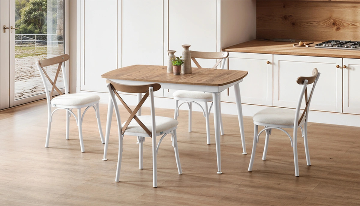 Dengema Milano 20 Açılır Masa Takımı Ceviz Desen & Beyaz Ayak 80 125 165 Cm, 4 Sandalyeli Ceviz Desen - Beyaz Ayak