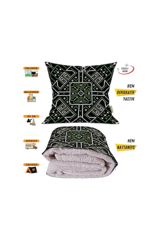 Yeşil Siyah Etnik Desen Tv Battaniyeli Opsiyonel Dekoratif Yastık Kırlent 2 İn 1 Battaniye Çok Renkli