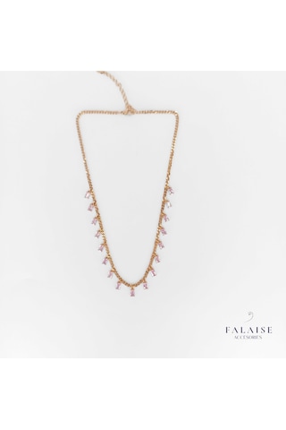 Pembe Baget Taşlı Zincir Kolye 45cm Altın - Pembe