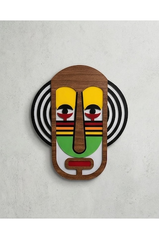 El Yapımı Renkli Soyut Yüz Maske - Ahşap Duvar Dekoru, Sarı Gözlü Modern Tribal Sanat Paneli Mdf 1