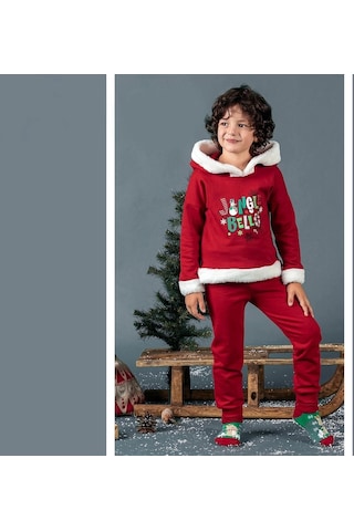 Unisex Çocuk Yılbaşı Christmas Noel Temalı Jingle Bells Model Kapüşonlu 3 İp Şardonlu 2 Parça Alt Üst Takım Kırmızı