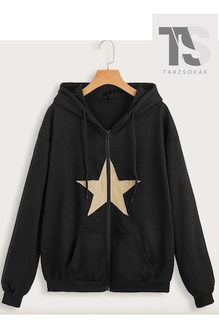 Adrift Star Desen Sweatshirt Fermuarlı Hırka Unisex Siyah