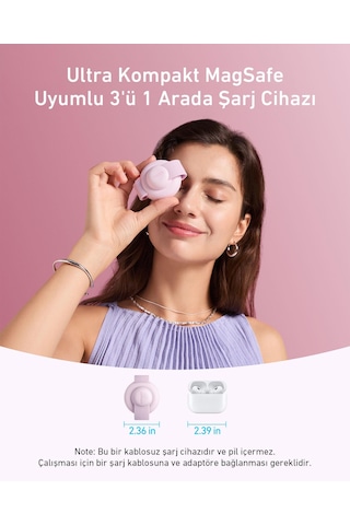 Anker Ufo Maggo Kablosuz Şarj Cihazı 3'ü 1 Arada, Katlanabilir Ped - Pembe - B25m8
