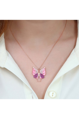 Modahilye 925 Ayar Gümüş Pembe Kelebek Zirkon Taşlı Rozegold Kadın Kolye Rose Gold