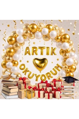 Okuma Bayramı Temalı Artık Okuyorum Folyo Harf Balon Beyaz Gold Konfetili Süsleme Çok Renkli