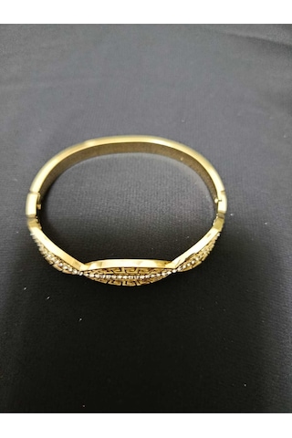 Kadın Gold Renk Antik Desenli Kelepçe Bilezik - Zirkon Taşlı 6 Cm Standart Boy Bileklik Altın