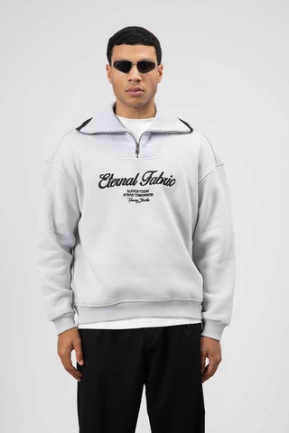 Vamos Oversize Fermuarlı Yaka Sweatshirt Açık Gri