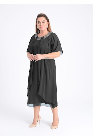 Büyük Beden Siyah Renkli Taş Baskılı Kısa Abiye Elbise Siyah