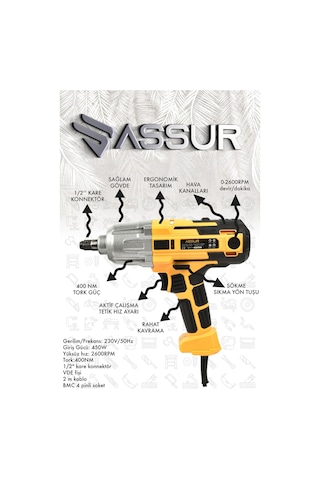 Assur ASR099 450W Elektrikli Somun Sıkma Sarı