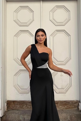 Lior Design Kadın Modern Tasarım Tek Omuz Taş Detaylı Abiye Elbise Siyah