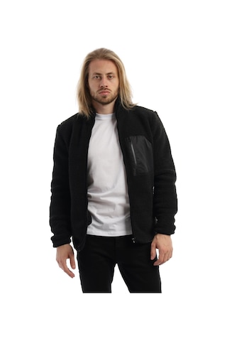 Erkek Dik Yaka Peluş Ceket Siyah