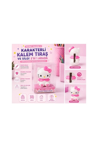 Sevimli Tasarım Kedi Figürlü Kalemtraş Silgi Çocuklar İçin Hediye Kırtasiye Pembe