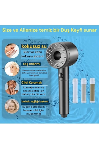 5 Adet Yedek Filtreli Yüksek Basınç Özellikli Duş Başlığı Su Tasa Gri