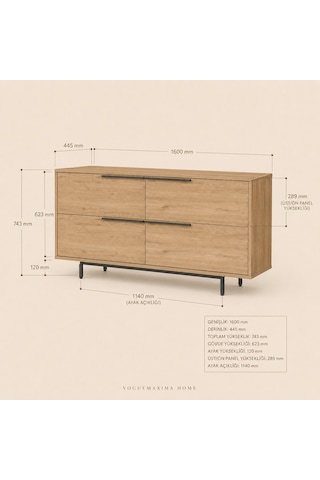 Voguemaxima Home Marina 4 Kapaklı Metal Ayaklı Konsol 160x44,5x74,3 Cm Sepet Bej