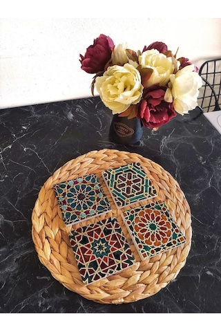Doğal Taş Bardak Altlığı Geometrik Desenler- Selçuklu Desenleri 4'lü Set 10x10x1 Cm Stone Coasters Çok Renkli