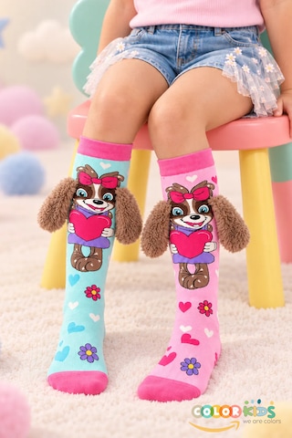 Color Socks 1 Çift Turkuaz & Pembe Peluş Kulaklı Sevimli Köpek Desenli Çorap Topuksuz Pembe - Turkuaz