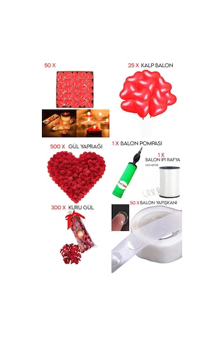 50 Kalp Mum, 25 Kalp Balon, 500 Gül Yaprağı, 300 Kuru Gül, 1 Balo