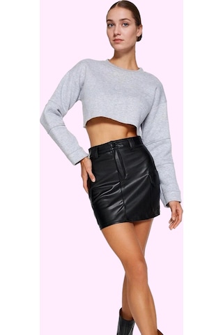 Frm Kadın Moda Stil Mini Astarsız Örme Suni Deri Kargo Cepli Yüksek B Siyah