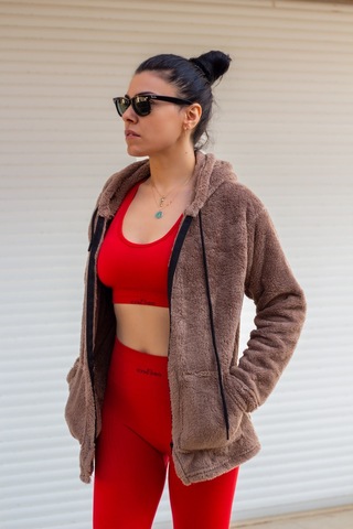 Kadın Vizon Peluş Kalın Fermuarlı Kapüşonlu Cepli Ceket 23kcktmy50 001