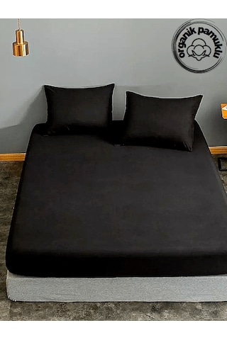 Lotus Çift Kişilik Lüks Pamuklu 160x200 Kumaş Lastikli Çarşaf Takımı Yastıklı - Siyah