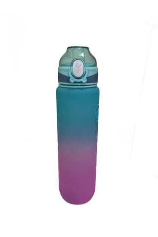 1000 Ml Plastik Motivasyon Matarası Pipetli, Kilitli Ve Taşıma Kulplu Turkuaz - Mor