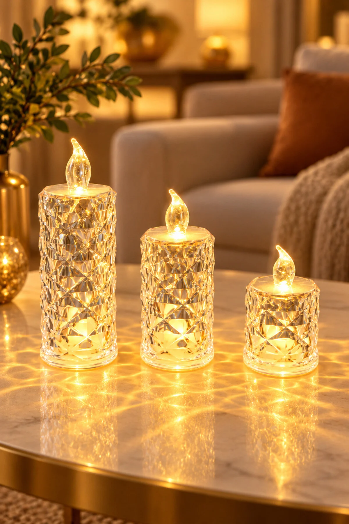 Erkugo 3 Lü Kristal Görünümlü Led Mum Seti 12-9,5-6,5 X 5,5 Cm Şeffaf Sıcak Sarı