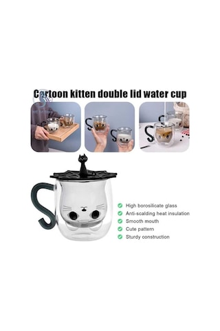 Createtech Çift Duvar Cam Kedi Şekli Bardağ Kaşık Fincan Seti Şeffaf, Kapaklı, Ev Ofis Şeffaf