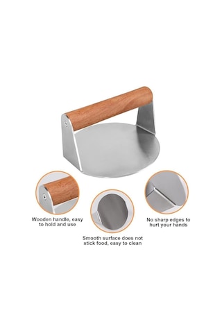 Devmeer Yuvarlak Smash Burger Presi,16 Cm,3 Mm 304 Paslanmaz Çelik Burger Presi, Ahşap Saplı Diğer