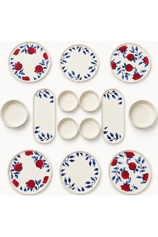 Nar 14 Parça 6 Kişilik Stackable Seramik Kahvaltı Takımı Nar Desenli Lüks Kahvaltılık Sunum Seti Beyaz