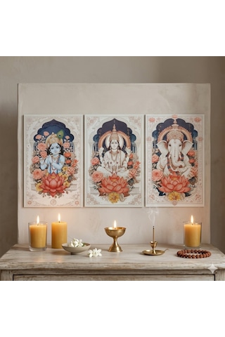 Bohem Hint Tanrıları Ahşap Tablo Serisi - 3 Parça Spiritüel Duvar Sanatı Seti - Ganesha, Vishnu, Krishna Özel Baskı Tablo