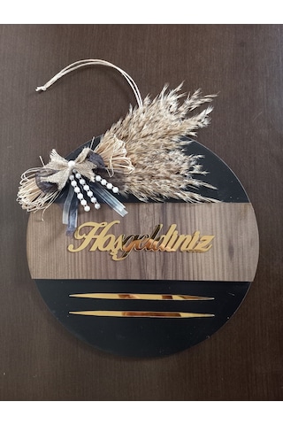 Hoşgeldiniz Yazılı Aynalı Pleksi Ahşap Dekoratif Dış Kapı Süsü Kahverengi