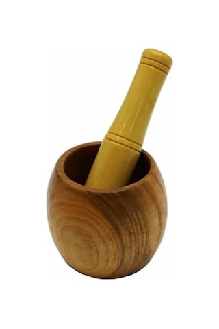 Ahşap Bambu Havan Sarımsak Dövücü, 8cm Çap, 5.5cm Derinlik, 9.5cm Yükseklik, Fileli Ambalaj Çok Renkli