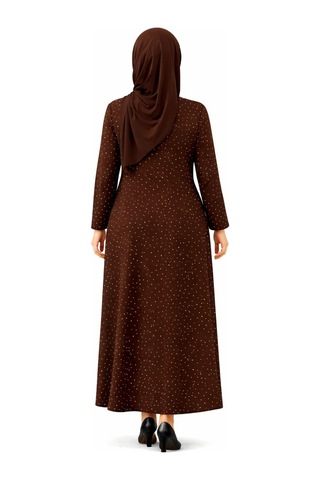Hira Life Fashion Kadın Bisiklet Yaka Ful Kristal İki İplik Batal Tesettür Elbise Kahverengi Kahverengi