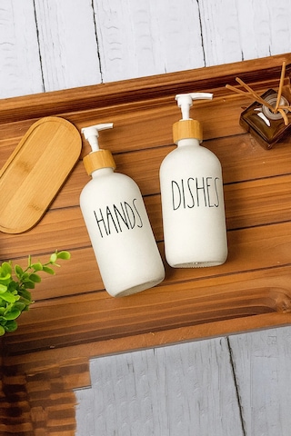 2'li Seramik Sıvı Sabunluk Seti Bambu Kapaklı Ve Standlı 550 Ml Hands & Dishes Mutfak Sabunluk Seti Beyaz - Şeffaf