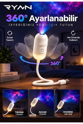 Usb Galaksi Projektör Led Gece Lambası 360 Ayarlanabilir 12 Filmli 2 Si 1 Arada Ambiyans Işık Beyaz
