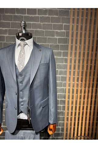 Dupont Classics Dupont Erkek Slim Fit 6 Drop Filafil Viskon Sivri Yaka Çift Yırtmaç Yelekli Takım Elbise Çelik Mavisi