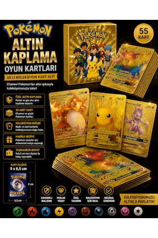 Pokemon Altın Kaplama Oyun Kartları 55'li Koleksiyon Kart Seti 9x6,5 Cm