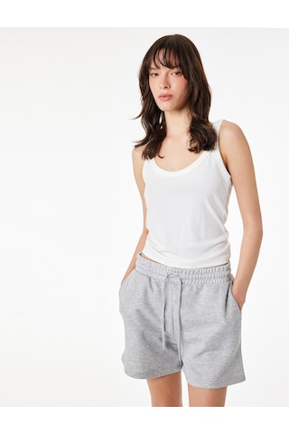 Koton Slim Fit Beli Bağcıklı Cepli Simli Mini Şort Kar Melanj 6sal40139ık Gri Melanj