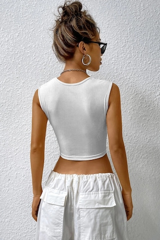 Angbutik Kadın Beyaz Kare Yaka Kalınlaşan Omuz Detaylı Crop Top Bluz