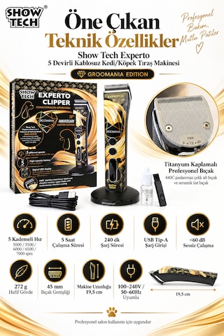 Showtech Experto 5 Devirli Şarjlı Kedi Köpek Tıraş Makinesi - Sessiz Ve Güçlü