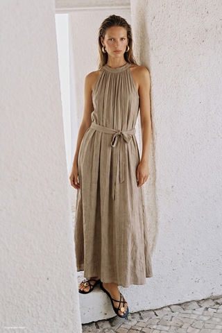 Sateen Kuşaklı Elbise - Camel-137744