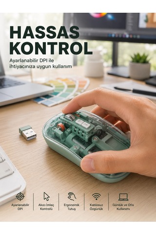 Şeffaf Tasarımlı Bluetooth Kablosuz Mouse Pilli Kullanım Yeni Nesil